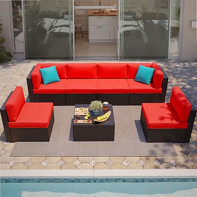 Patio Furniture Set 7 Piece Sectional Sofa PE Rattan Red Shintenchi Pieces Sets