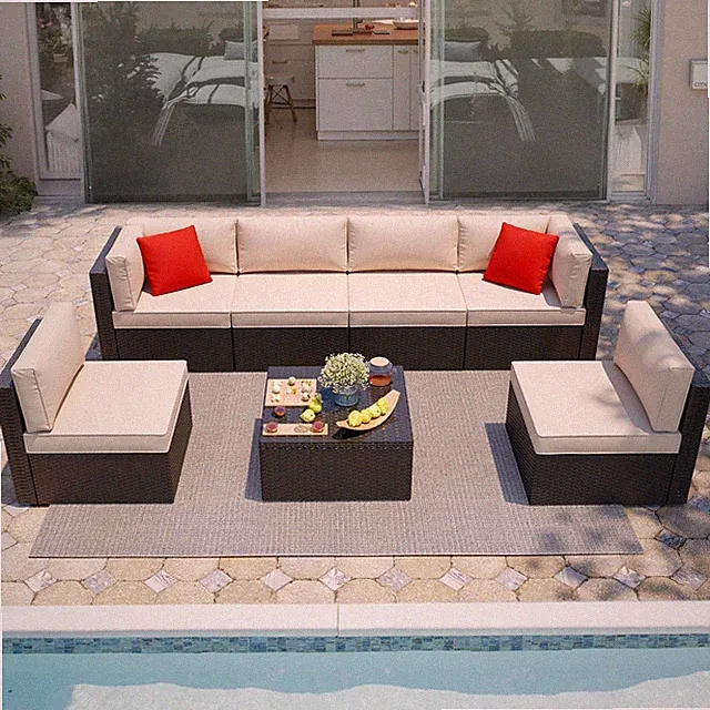 Patio Furniture Set 7 Pieces Sectional Sofa PE Rattan Beige DSF67 Shintenchi
