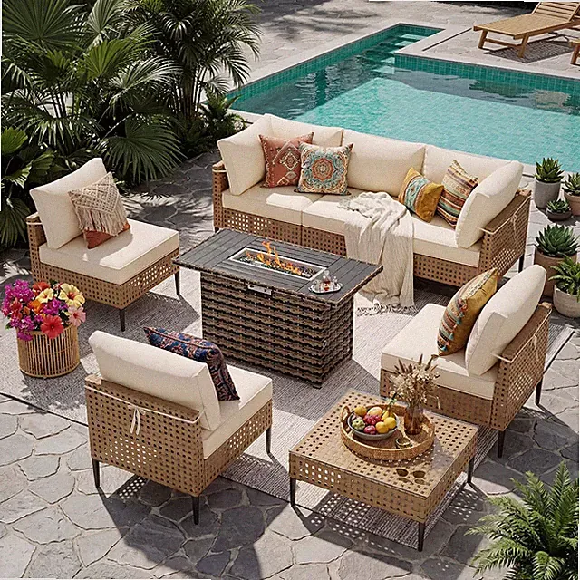 Patio Furniture Set, 8 Piece Modular Outdoor Furniture Set, Beige | with Fire Pi