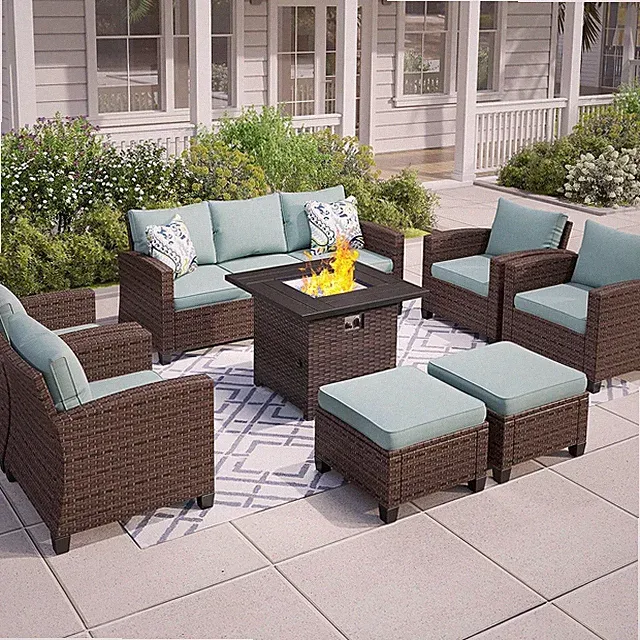 Patio Furniture Set 8 Piece Patio Sectional Sofa Wicker Conversation Set w/Table