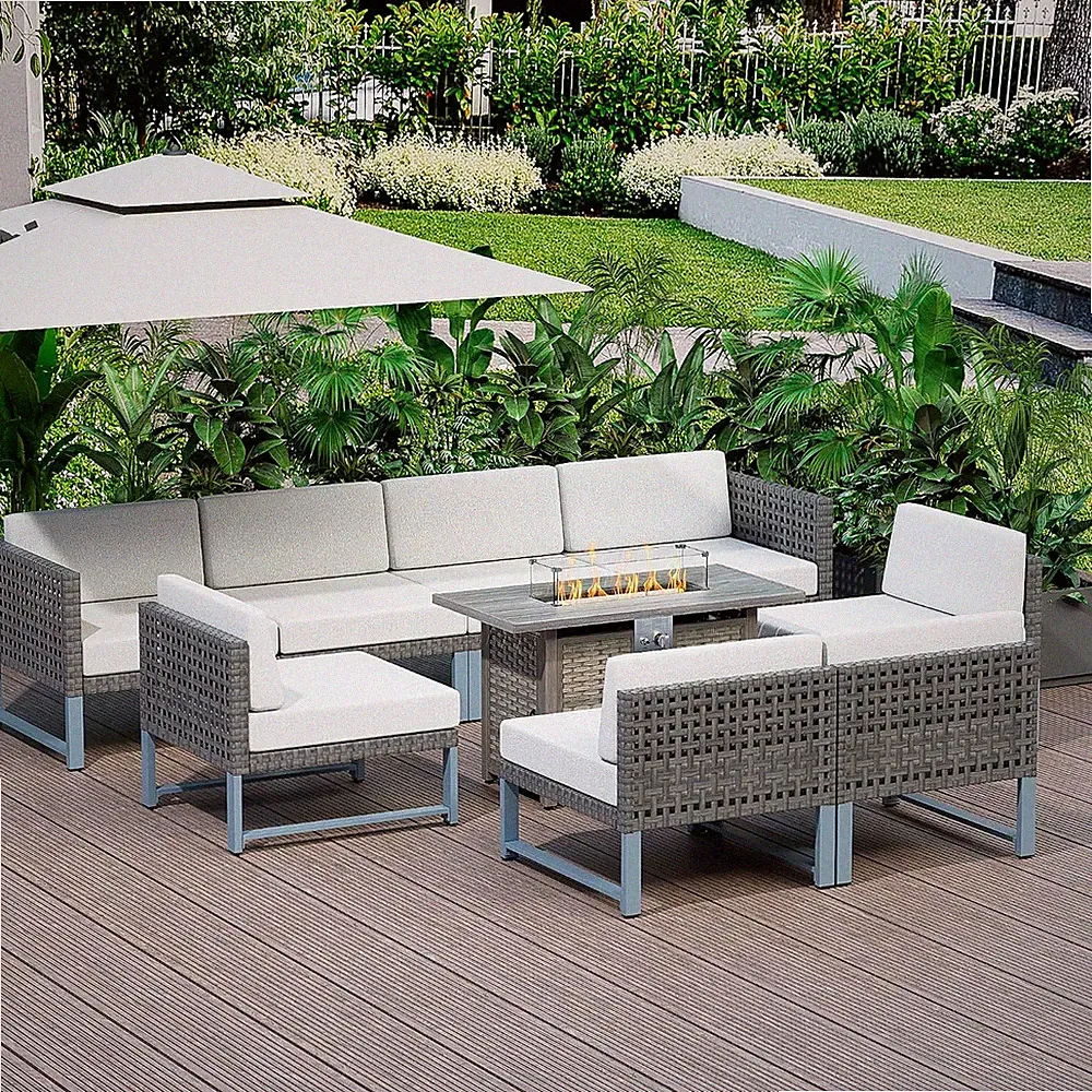 Patio Furniture Set 9Pcs Outdoor Furniture Sectional Couch Fire Pit Table Balcon