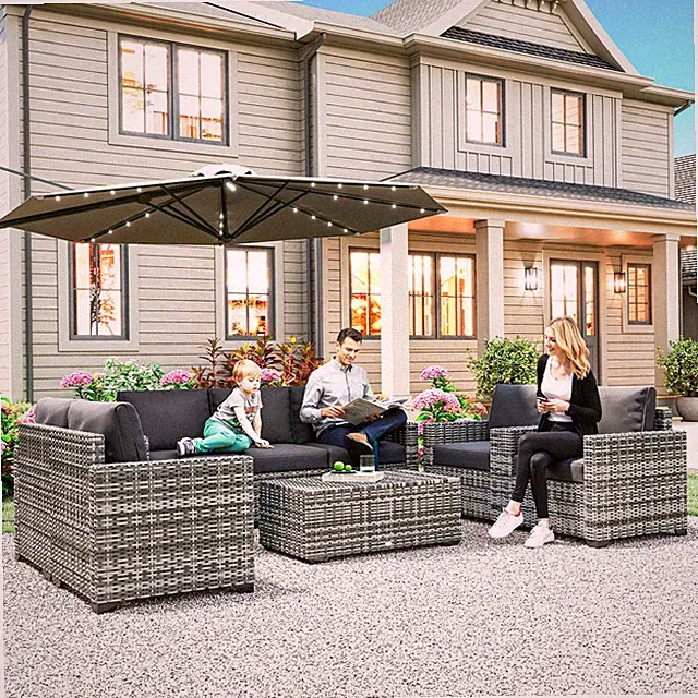 Patio Furniture Set, Cushions, Sofa, Loveseat, Storage Table, Gray