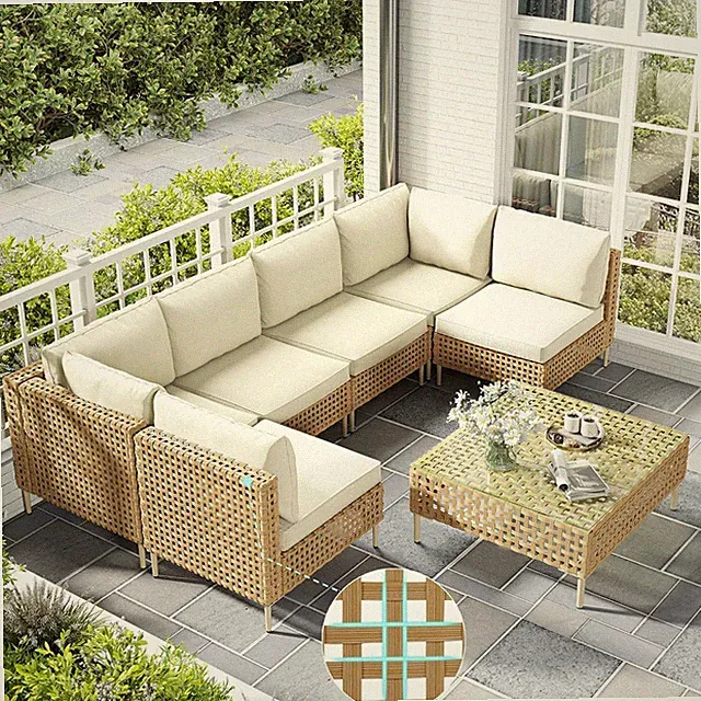 Patio Furniture Set, Large 7 Piece Wicker Outdoor Sectional Furniture Set with C
