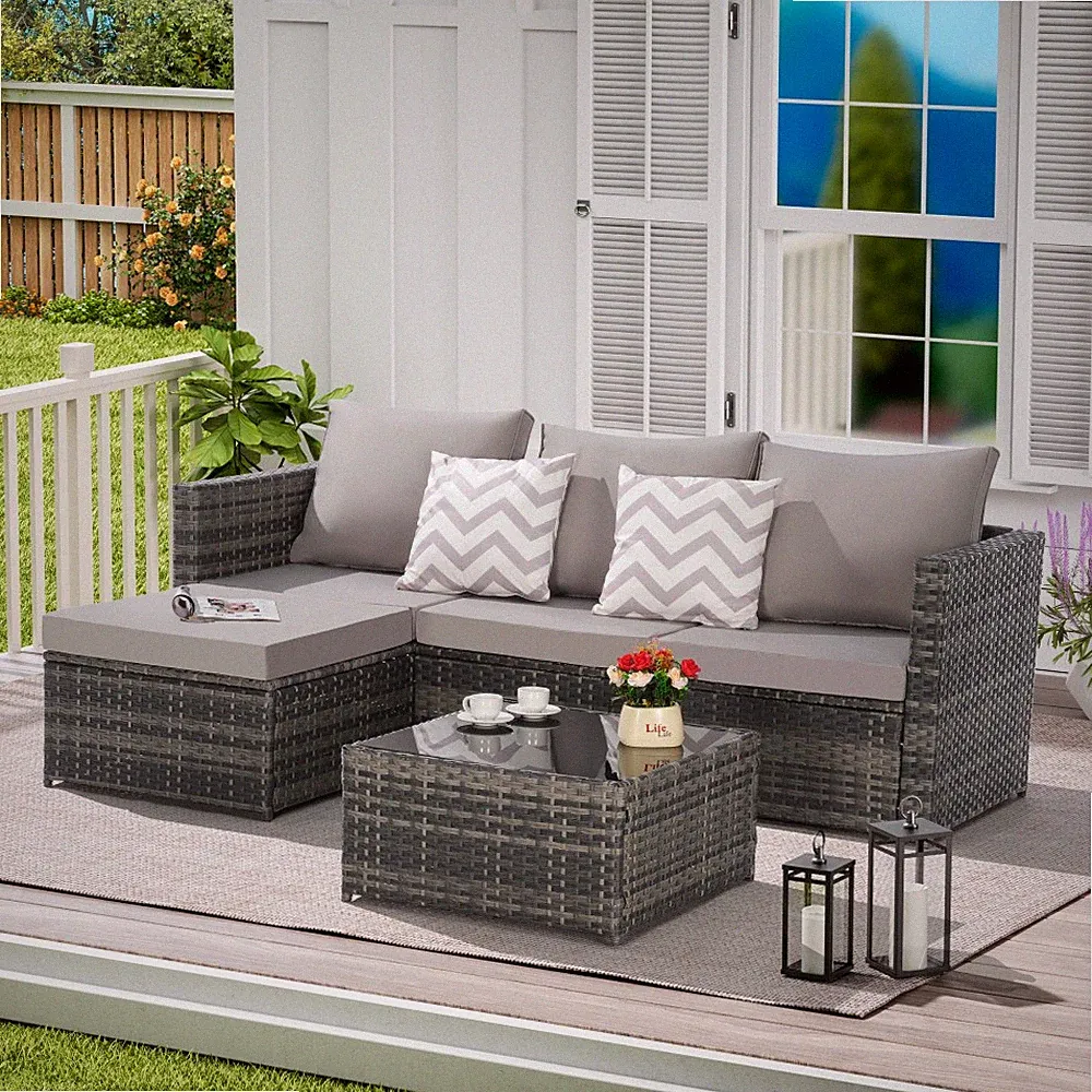 Patio Furniture Set Outdoor Sectional L- Shaped Sofa Couch Conversation Set Yard