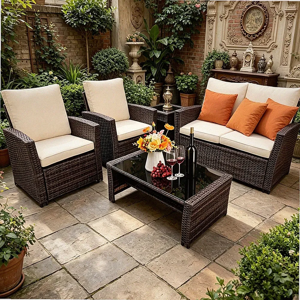Patio Furniture Set Outdoor Sectional Patio Sofa Set of 4PCS W/Coffee Table