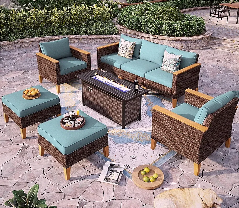 Patio Furniture Set Outdoor Wicker Rattan Sofa Conversation w/56" Fire Pit Table