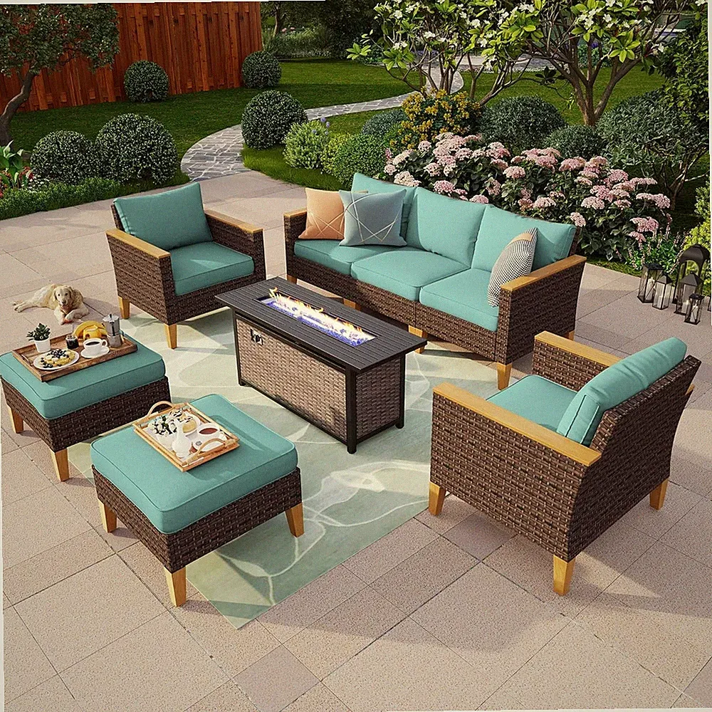 Patio Furniture Set Outdoor Wicker Rattan Sofa Conversation w/ Fire Pit Table