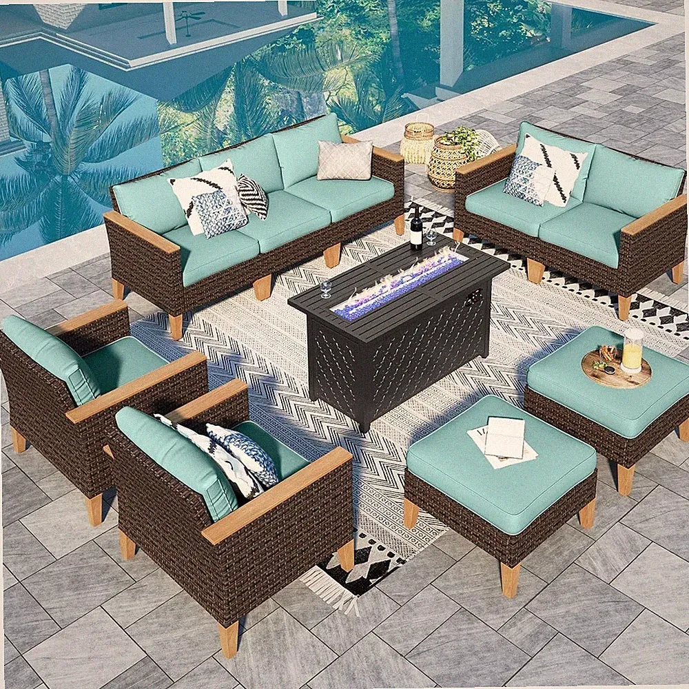Patio Furniture Set Outdoor Wicker Rattan Sofa Conversation with Fire Pit Table