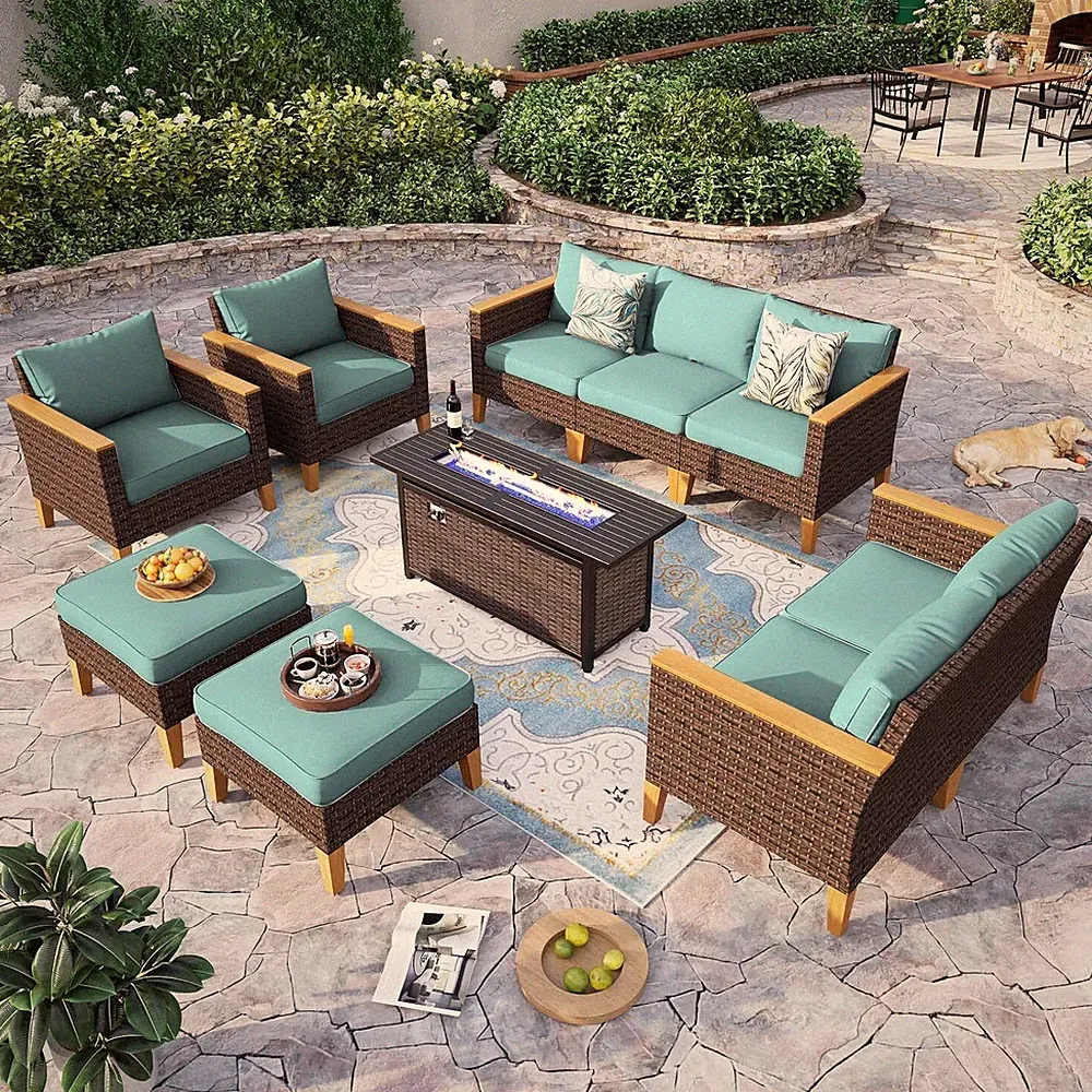 Patio Furniture Set Outdoor Wicker Rattan Sofa Conversation with Fire Pit Table