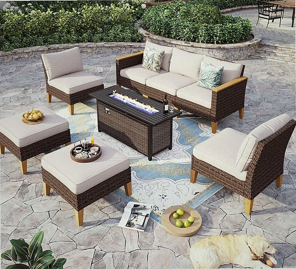 Patio Furniture Set Outdoor Wicker Rattan Sofa Conversation with Fire Pit Table