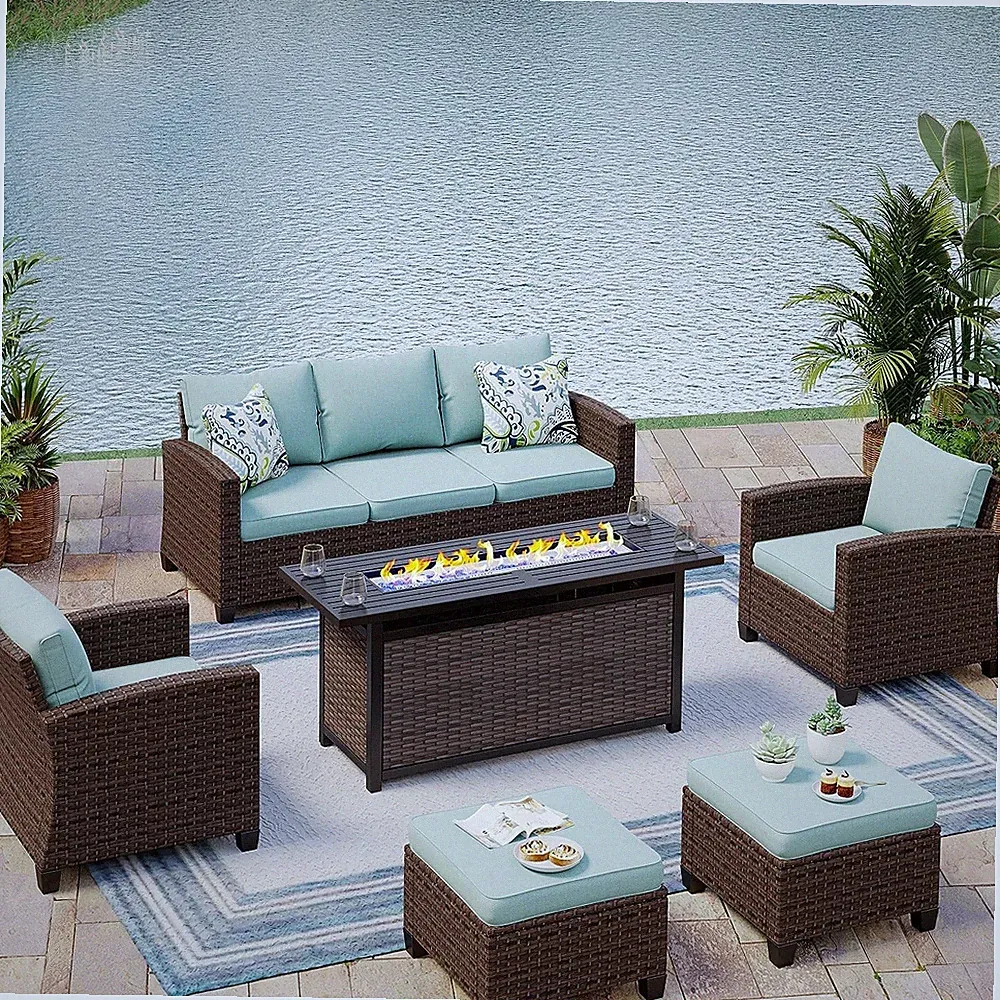 Patio Furniture Set Outdoor Wicker Rattan Sofas Conversation W/ Fire Pit Table