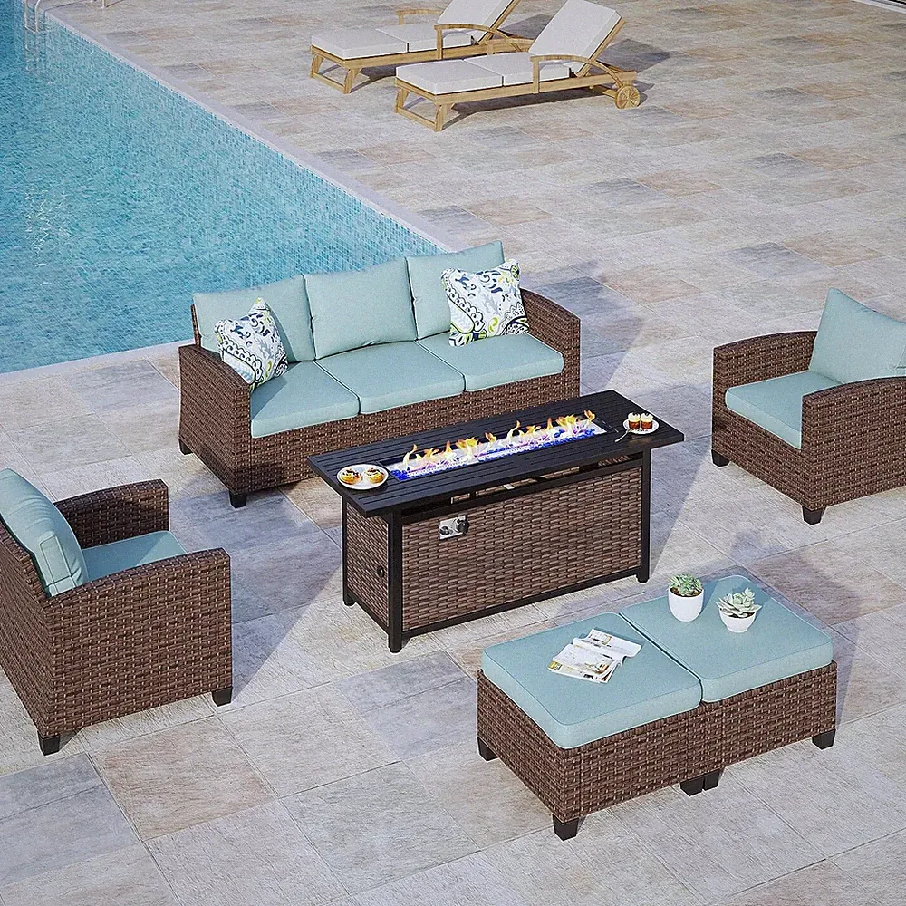 Patio Furniture Set Outdoor Wicker Rattan Sofas Conversation W/ Fire Pit Table