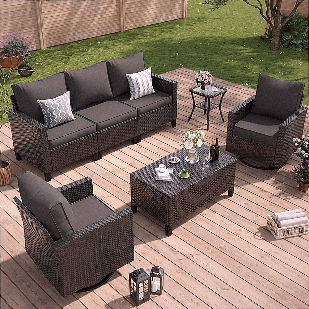 Patio Furniture Set, Wicker Outdoor Sectional Sofa with Swivel Rocker Chairs, Al