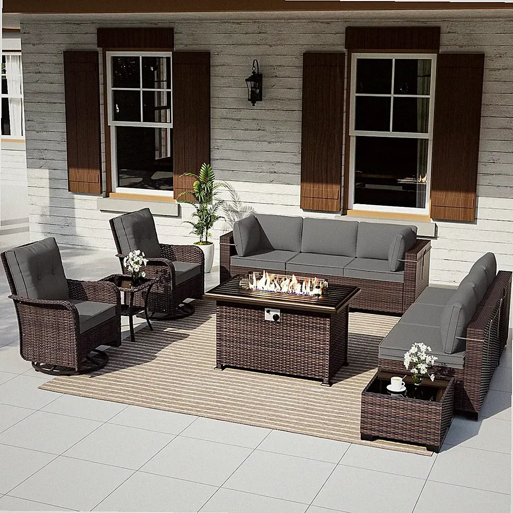 Patio Furniture Set with 2 Swivel Chairs, Outdoor Sectional with 55000 BTU Fire