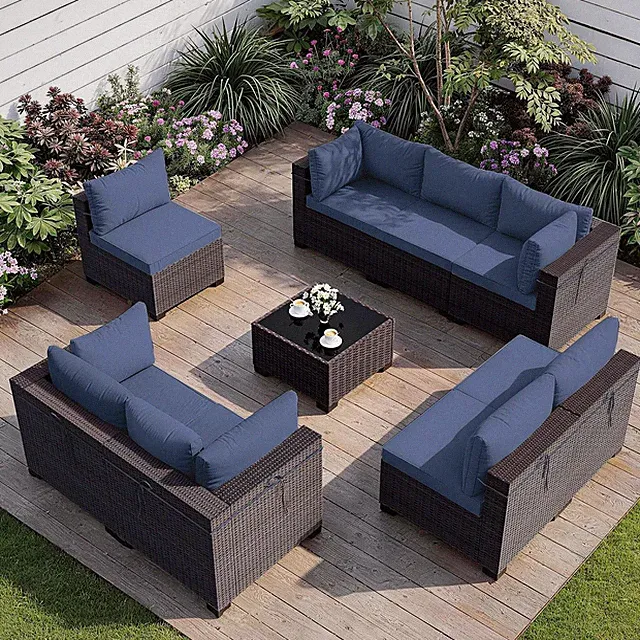 Patio Furniture Set with Coffee Table, 9 Pieces Outdoor Sectional with Wide Seat