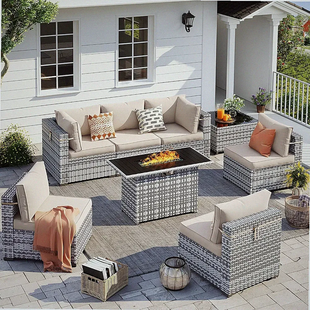 Patio Furniture Set with Fire Pit Table, 8 Pcs Outdoor Sectional Sofa, PE Wicker