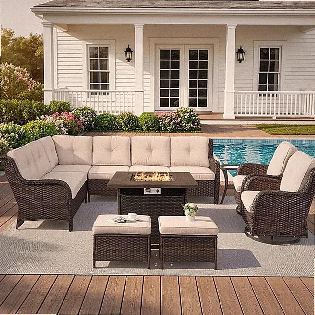 Patio Furniture Set with Fire Pit Table,8 Piece Wicker Outdoor Furniture Set, Sw