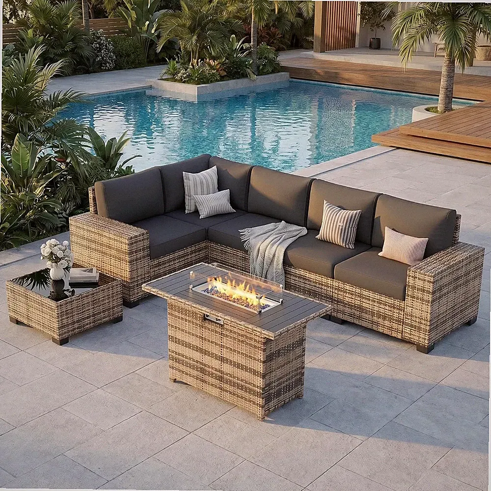 Patio Furniture Set with Fire Pit Table, L-Shaped 8" Armrest Sectional Set, All