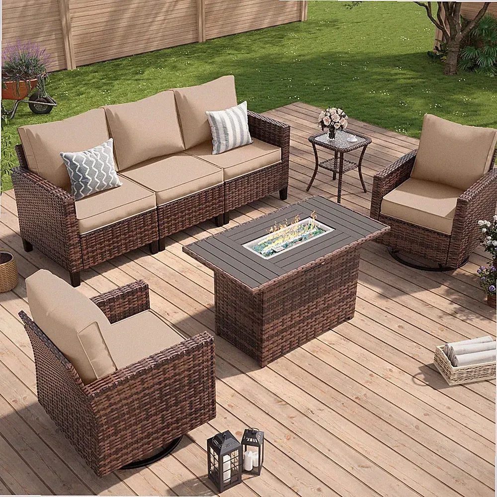 Patio Furniture Set with Fire Pit Table, Wicker Outdoor Sectional Sofa with Swiv