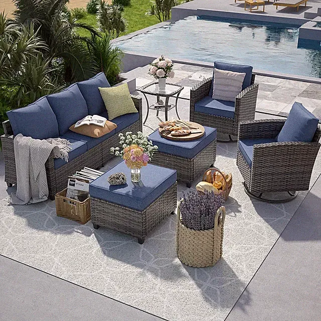 Patio Furniture Set with Swivel Rocking Chair, 6 Pcs Outdoor Couch