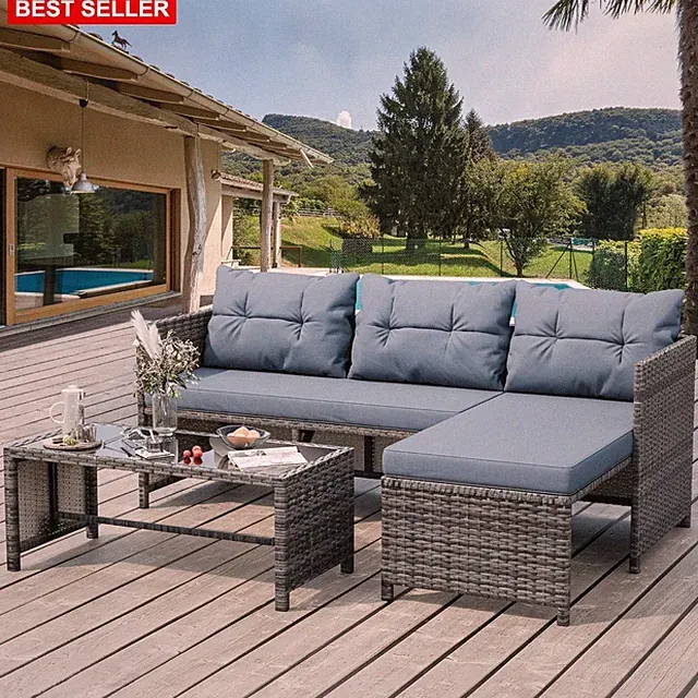 Patio Furniture Sets 3 Piece Wicker Sofa Coffee Table Cushions Blue-Gray