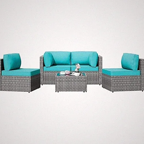 Patio Furniture Sets, 5 Piece Outdoor Sectional Sofas, Wicker Gray & Blue