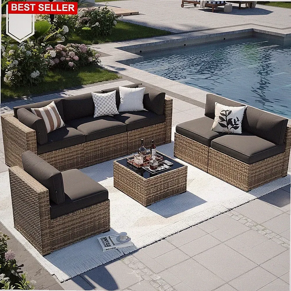 Patio Furniture Sets 7-Piece Outdoor Wicker Sectional Sofa Cushions Armrests