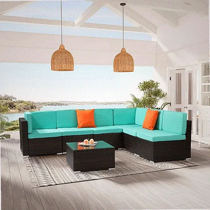 Patio Furniture Sets 7-Pieces Outdoor Sectional Sofa Rattan Wicker Sofa W/ Table