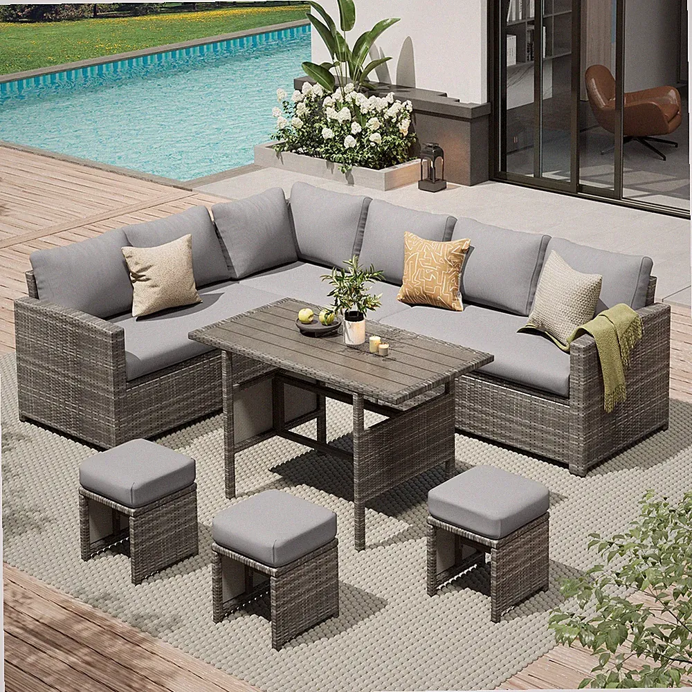 Patio Furniture Sets 7-Pieces Outdoor Sectional Sofa Rattan Wicker Sofa W/ Table