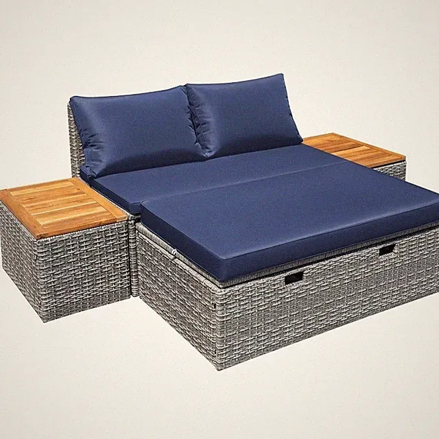 Patio Outdoor Daybed Set Multifunctional Rattan Lounge Bed with 2 Side Tables