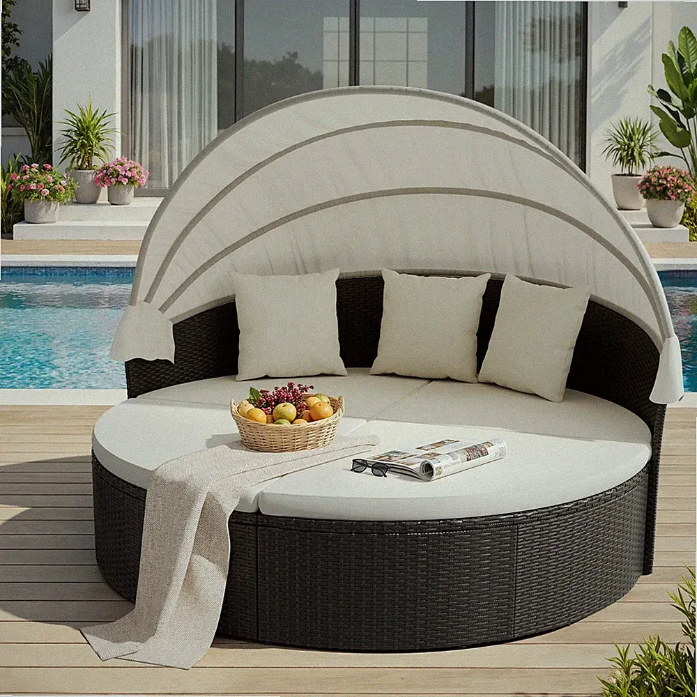 Patio Outdoor Round Daybed With Canopy Separated Seating Sectional Sofa For Lawn