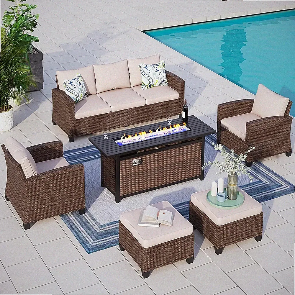 Patio Outdoor Sectional Conversation Set with 56'' Fire Pit Table Rattan Sofa
