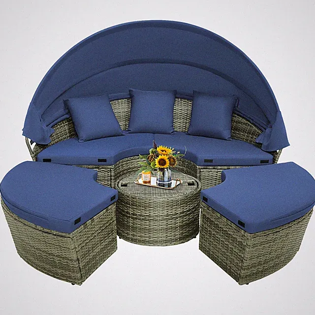 Patio Rattan Daybed Outdoor Sectional Seating w/ Retractable Canopy & Side Table