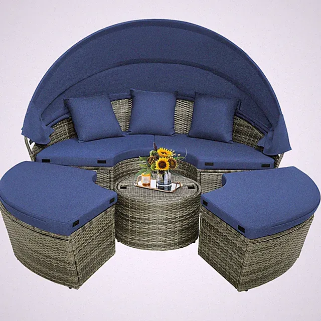 Patio Rattan Daybed Outdoor Sectional Seating w/ Side Table & Retractable Canopy