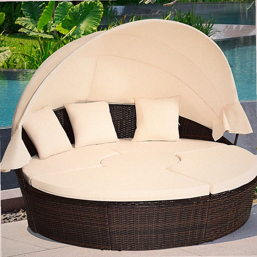 Patio Rattan Daybed Wicker Outdoor Sofa Bed Furniture Set w/ Canopy Pillow Table