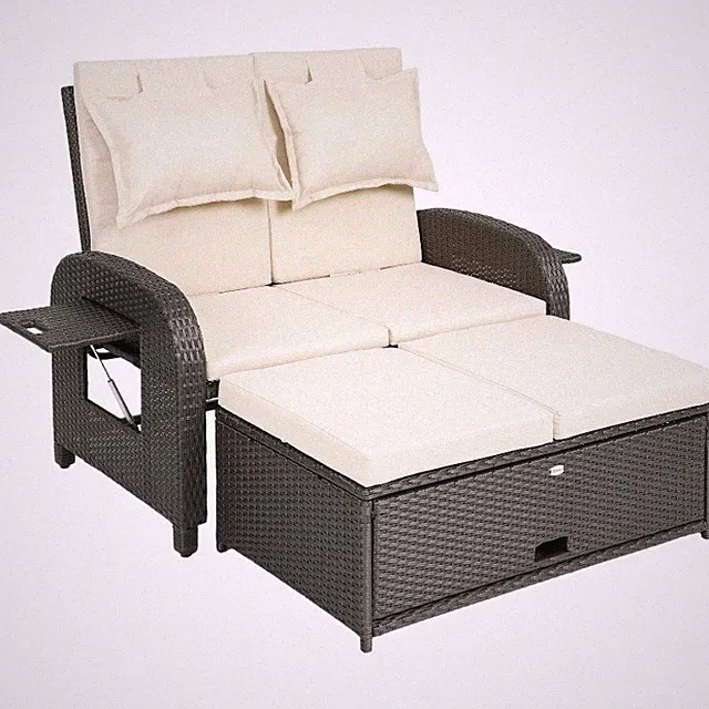 Patio Rattan Wicker Double Sunbed Daybed with Storage Ottoman Loveseat Sofa