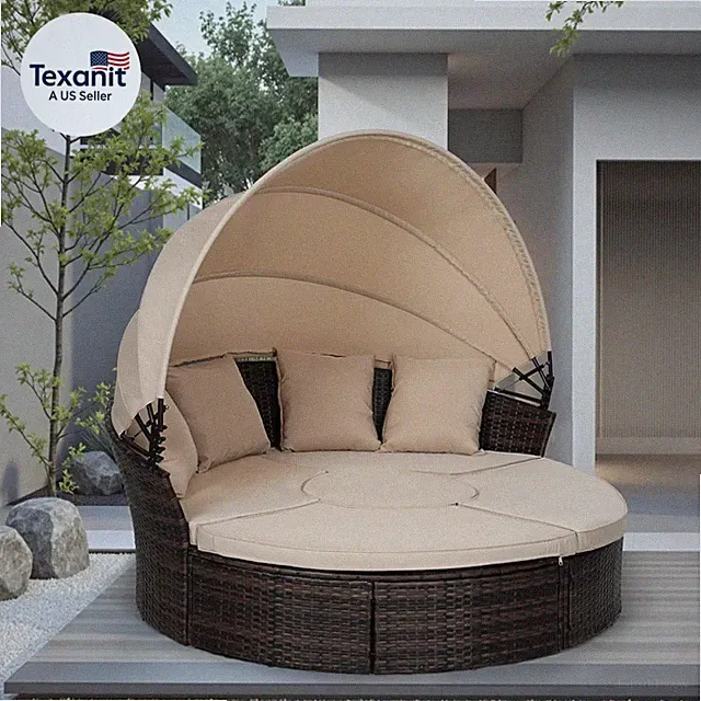 Patio round Daybed with Retractable Canopy, Black Wicker Rattan Sectional Sofa F