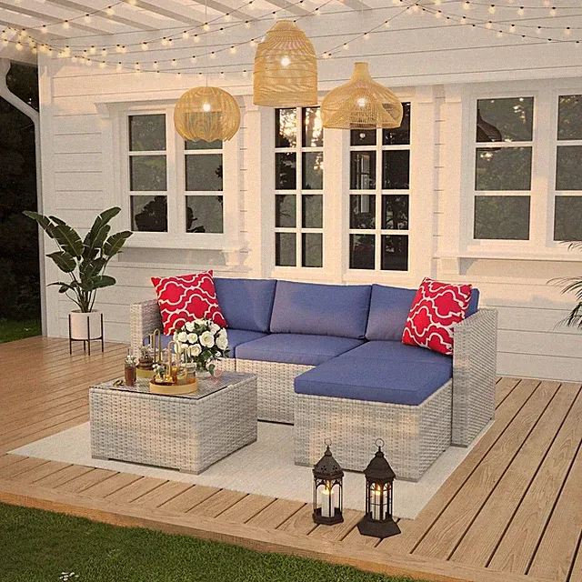 Patio Sectional Set 5PC Rattan Sofa w/ Storage Table Ottoman Cushions