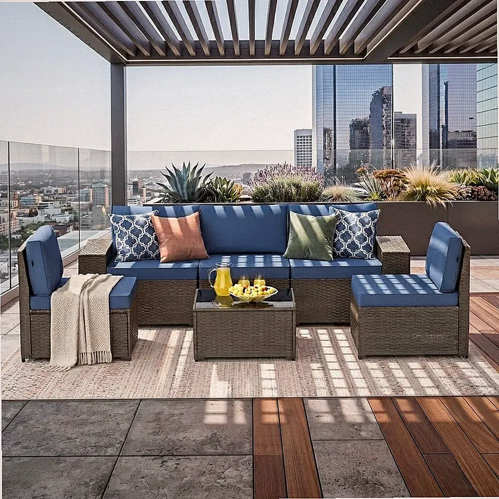 Patio Sofa Furniture Set Outdoor With Thick Cushions Widened Armrest 6PCS