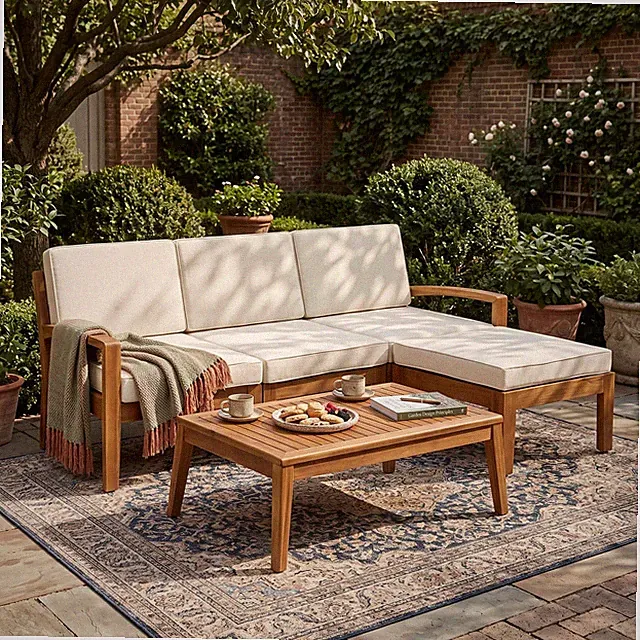 Patio Sofa Set, Acacia Wood L-Shape Conversation Set w/ Coffee Table & Ottoman