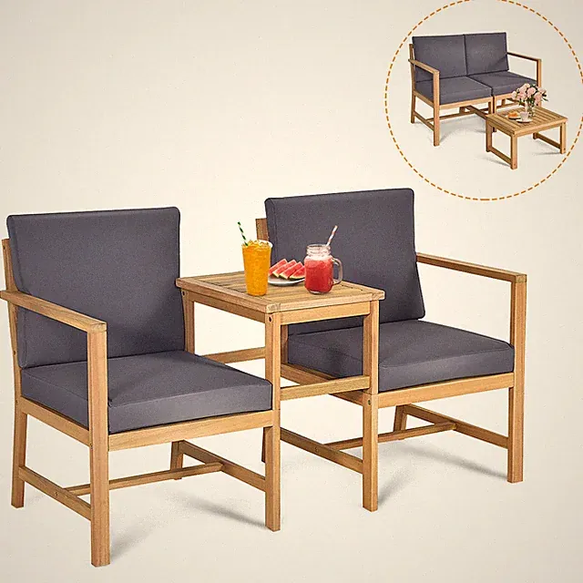 Patiojoy 3PCS Patio Table Chairs Set Solid Wooden Sectional Garden Furniture