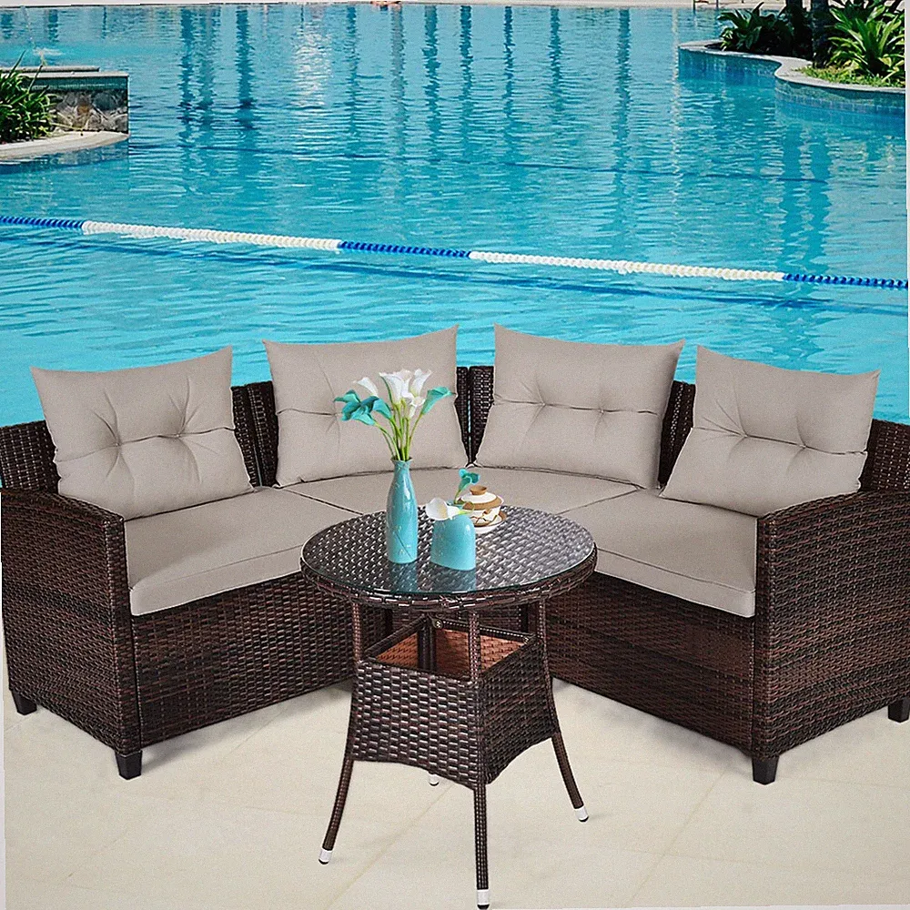Patiojoy 4PCS Outdoor Patio Rattan Furniture Set Cushioned Sofa Table Sectional