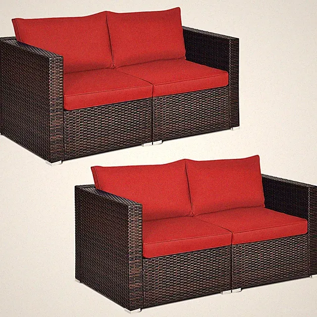 Patiojoy 4PCS Patio Rattan Corner Sofa Sectional Furniture Set Red Cushion