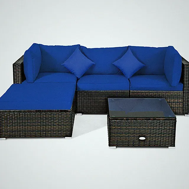 Patiojoy 5PCS Outdoor Rattan Furniture Set Sectional Conversation Sofa Navy