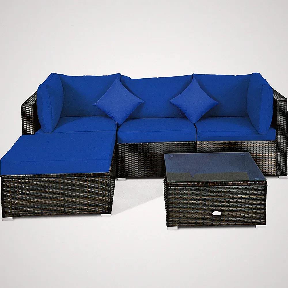 Patiojoy 5PCS Outdoor Rattan Furniture Set Sectional Conversation Sofa Navy