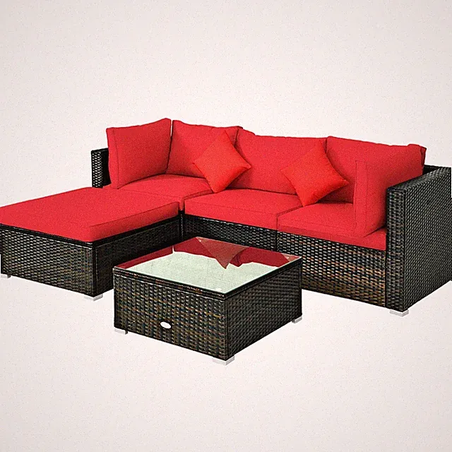 Patiojoy 5PCS Outdoor Rattan Wicker Furniture Set Sectional Sofa Set w/ Cushions