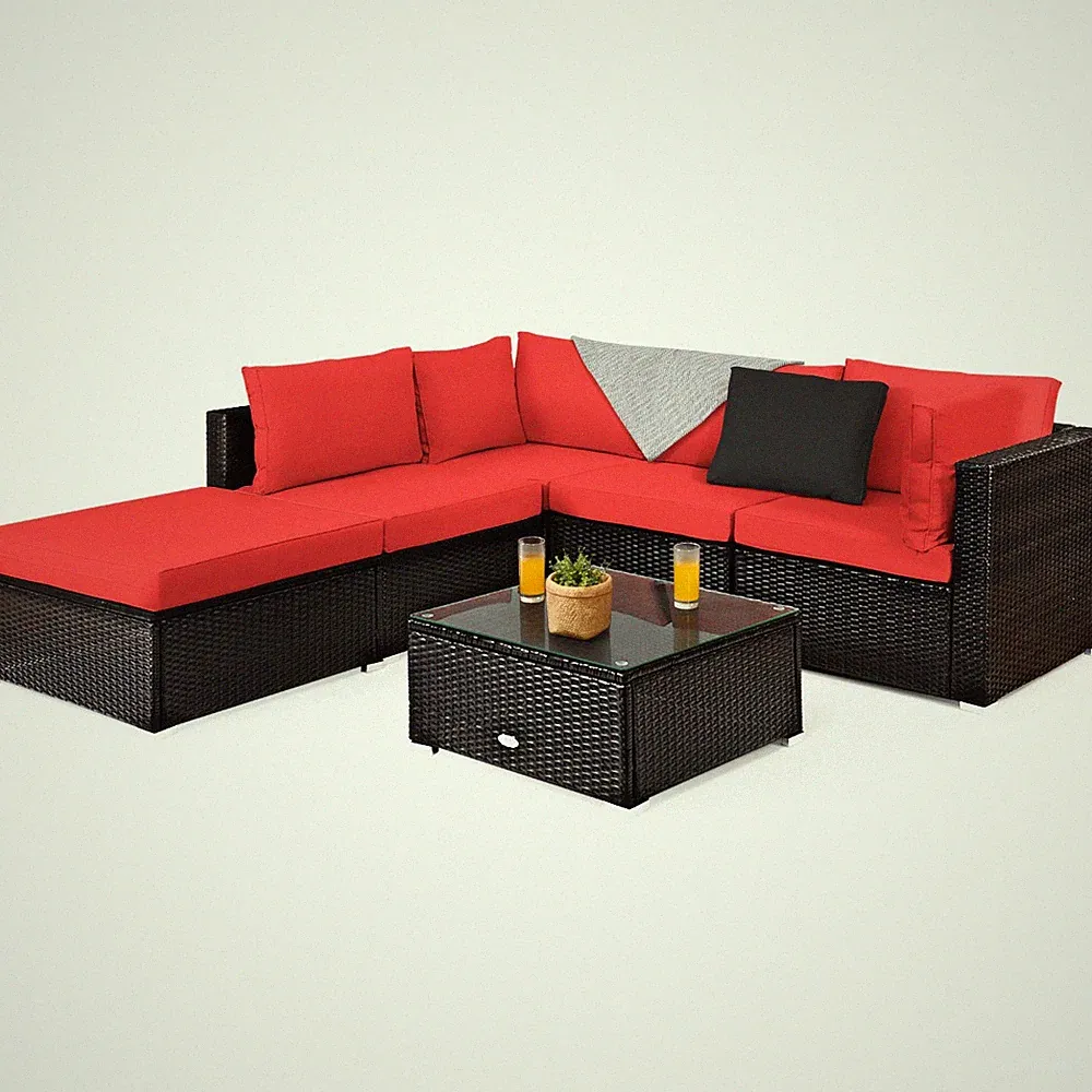 Patiojoy 6PCS Outdoor Rattan Furniture Set Sectional Conversation Sofa Red