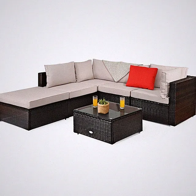 Patiojoy 6PCS Outdoor Rattan Wicker Furniture Set Cushioned Sectional Sofa Beige