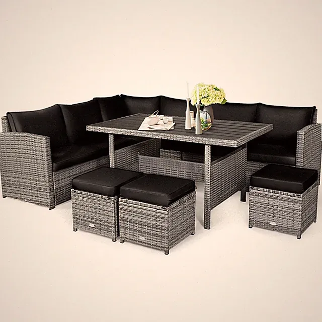 Patiojoy 7 PCS Patio Rattan Dining Set Sectional Sofa Couch Ottoman Garden Black