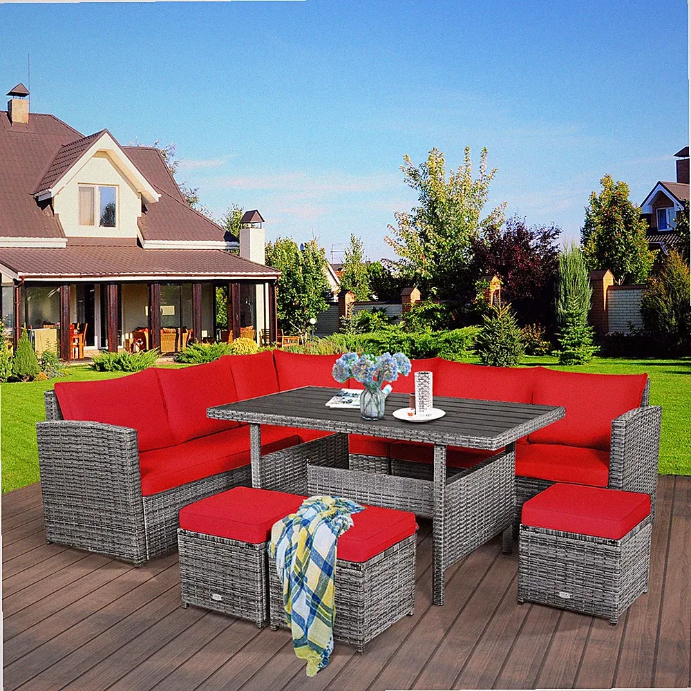 Patiojoy 7 PCS Patio Rattan Dining Set Sectional Sofa Couch Ottoman Outdoor Red
